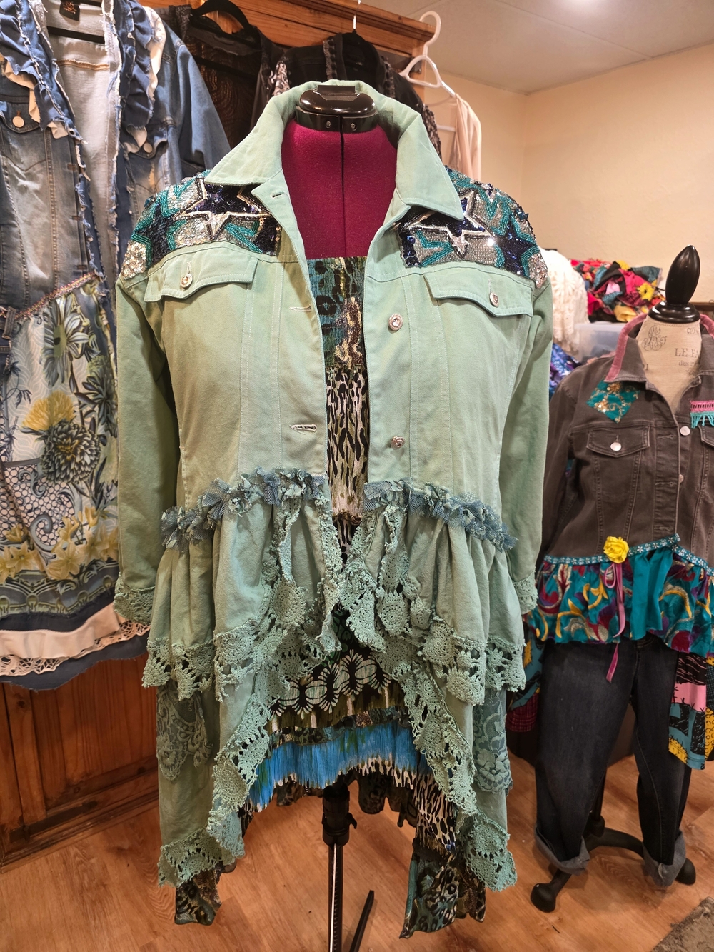 Boho Lace-Trim Aqua Green Jacket with Sequin Yoke